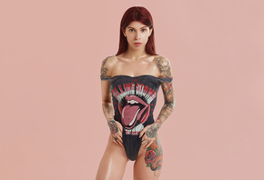 women, pink background, brunette, portrait, monokinis, redhead, tattoo