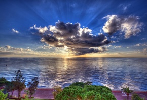 clouds, promenade, HDR, the sun, sea, coast, trees, road, horizon, the sky, rays, Monaco