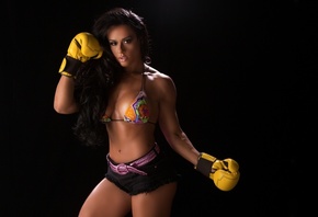 brunette, body fitness, Sue Lasmar, bikini, boobs, boxing gloves