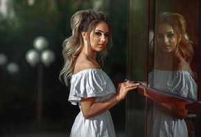 women, blonde, smiling, portrait, glass, reflection, white dress, bare shoulders