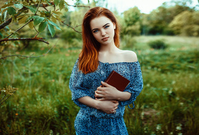 women, portrait, redhead, blue eyes, women outdoors, books, depth of field, bare shoulders