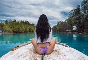 women, back, tanned, sitting, ass, boat, swimwear, river, long hair, trees, women outdoors, sky, clouds