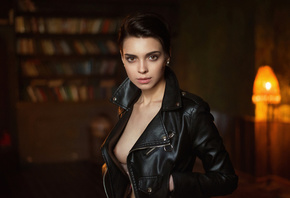 women, Tania Frost, boobs, Maxim Maximov, leather jackets, portrait, short  ...