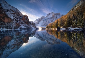 autumn, the sky, reflection, snow, winter, lake, mountain
