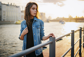 Ksenia Kokoreva, women, Sergey Fat, denim shirt, portrait, river, women outdoors