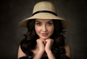 women, hat, smiling, bare shoulders, face, portrait, brown eyes