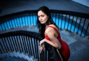 women, portrait, stairs, red dress, black hair