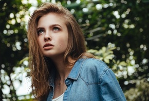 women, face, portrait, women outdoors, denim shirt, necklace