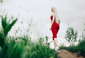 women, blonde, sneakers, portrait, long hair, women outdoors, red dress