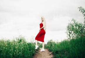 women, blonde, sneakers, portrait, long hair, women outdoors, red dress