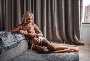 women, blonde, tanned, sitting, tattoo, window, on the floor, bed, lingerie