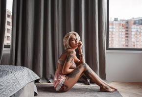 women, blonde, tanned, sitting, tattoo, window, on the floor, bed, sideboob ...