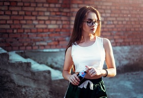 women, portrait, bottles, Pepsi, women with glasses, women outdoors, pink n ...