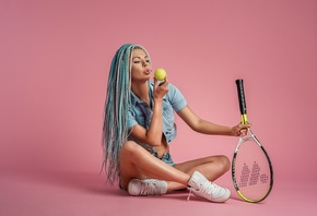 women, dreadlocks, portrait, pink background, denim, jean shorts, dyed hair, tanned, tennis balls, tennis rackets, sneakers, simple background, no bra, sitting, long hair, eyeliner