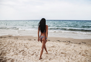 women, sand, tanned, back, sea, women outdoors, beach, ass, black hair, lon ...