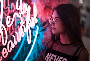 women, face, portrait, women with glasses, neon, pierced nose