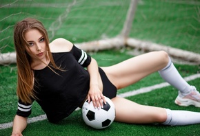 women, Maksim Romanov, ball, portrait, thong, sportswear, brunette, synthetic grass, sneakers, bare shoulders, white stockings, painted nails