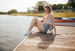 women, boat, blonde, sneakers, handbags, sitting, pier, jean shorts, women  ...