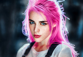 women, blue eyes, pink hair, freckles, eyeliner, Gustavo Terzaghi, portrait ...