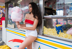 women, portrait, cotton candy, jean shorts, brunette, bare shoulders, fair