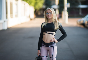 women, blonde, belly, sportswear, women with glasses, portrait, women outdo ...