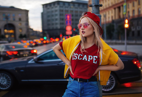 women, blonde, portrait, women outdoors, belt, baseball cap, car, sunglasses, jeans, sweater, bokeh