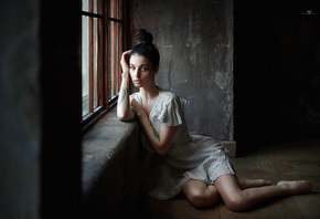 Alla Berger, women, Dmitry Arhar, window, dress, sitting, portrait, hairbun, on the floor, tattoo