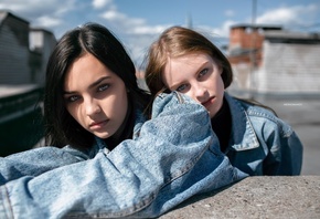 women, face, portrait, denim shirt, two women, rooftops, women outdoors, freckles, depth of field