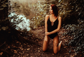 women, tanned, trees, tattoo, one-piece swimsuit, river, leaves, kneeling,  ...
