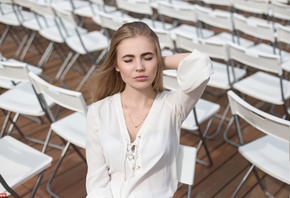 women, blonde, portrait, chair, face, closed eyes, pink lipstick