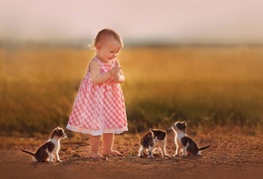 ребёнок, девочка, малышка, животные, котята, детёныши, радость