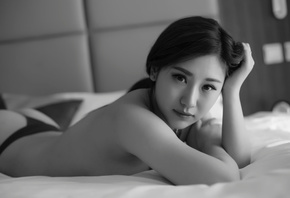 women, Asian, black panties, portrait, ass, monochrome, lying on front, in bed