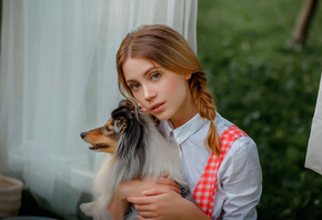 women, Ksenia Kokoreva, pigtails, portrait, blonde, dog, white dress, white ...