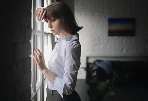 women, Olya Pushkina, white shirt, portrait, Sergey Fat