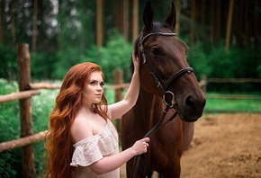 девушка, рыжая, длинные волосы, лошадь, фотограф, Александр Углов