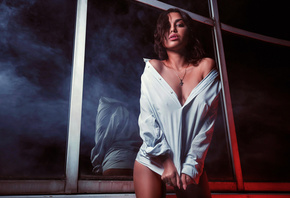 women, window, bare shoulders, white shirt, tanned, portrait, necklace, reflection