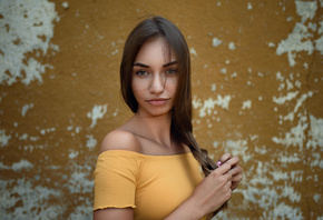 women, tanned, portrait, pink nails, wall