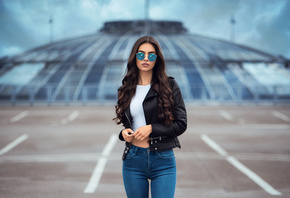 women, sunglasses, jeans, portrait, leather jackets, long hair, women outdo ...