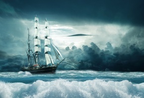 корабль, в бушующем море