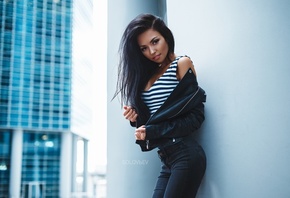 women, Artem Solov�ev, Katya Meshchankina, tanned, portrait, jeans, smiling, leather jackets, one-piece swimsuit
