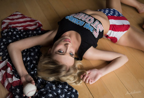 women, Jack Russell, short shorts, brunette, lying on back, on the floor, blonde, armpits, baseball, flag
