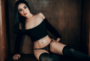 women, black panties, belly, sitting, bare shoulders, black stockings
