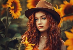 women, hat, portrait, redhead, sunflowers