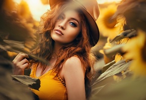 women, hat, portrait, redhead, sunflowers