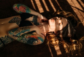 women, black bras, closed eyes, belly, black lingerie, lying on back, tattoo, on the floor