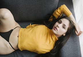 women, belly, couch, lying on back, black panties, top view, brunette, portrait