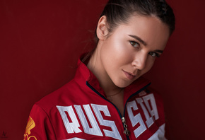 women, portrait, face, red background