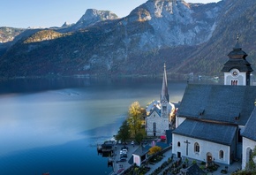 Австрия, природа, пейзаж, горы, Альпы, озеро, Гальштат, церковь