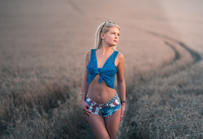 women, blonde, sunglasses, tanned, jean shorts, belly, pierced navel, pink nails, women outdoors, looking away, nipples through clothing