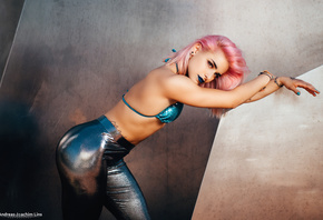 women, Lilie Gorchkov, bikini top, dyed hair, pink hair, Andreas-Joachim Lins, portrait, tattoo, painted nails